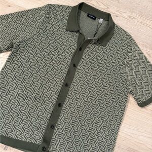 Tahari Olive Green Geometric Knit Button-Down Shirt